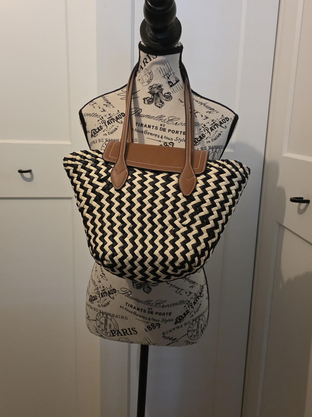 H&M Black and White Woven Tote with Tan Handles